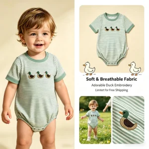 Green Stripe Short Sleeve  Rompers